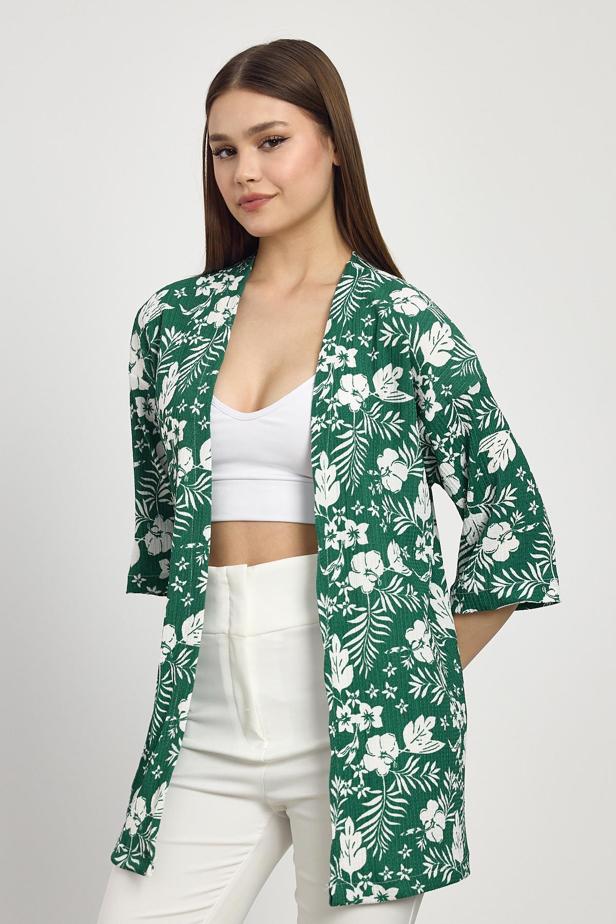 4463A Çiçek Desen Fakir Kol Kimono Zümrüt - 7
