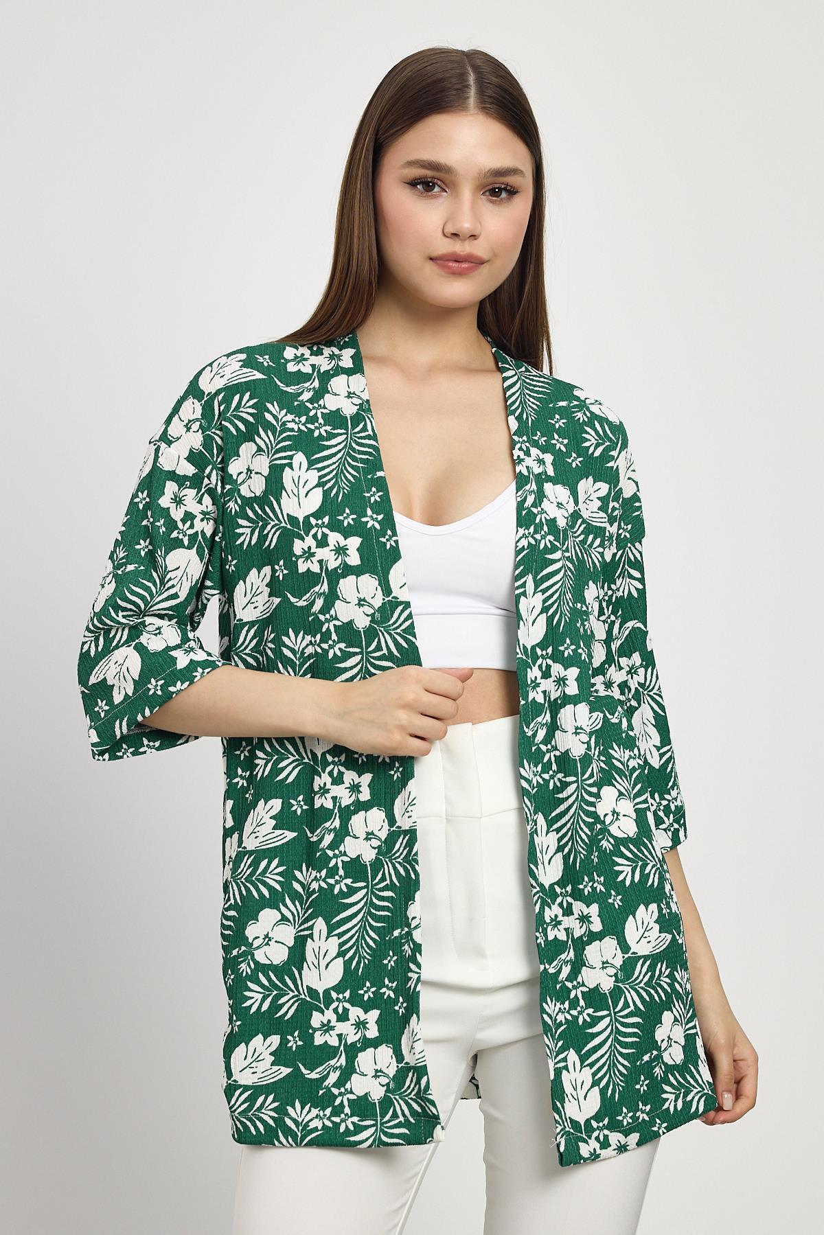 4463A Çiçek Desen Fakir Kol Kimono Zümrüt - RAYS