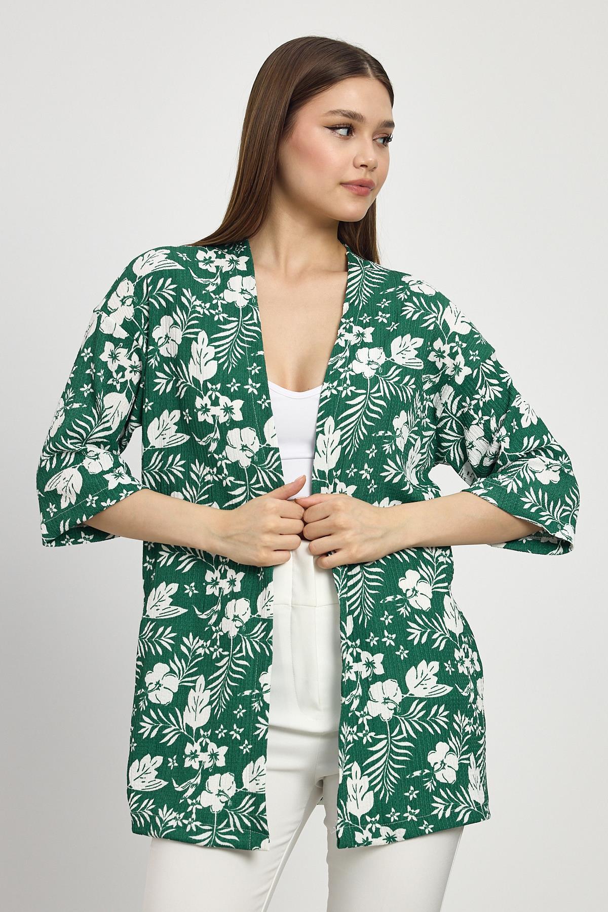 4463A Çiçek Desen Fakir Kol Kimono Zümrüt - 8