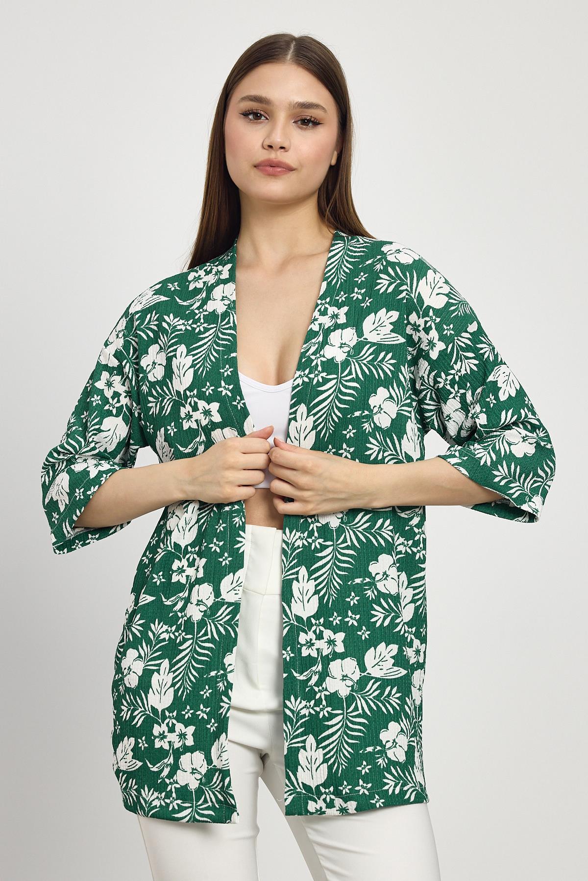 4463A Çiçek Desen Fakir Kol Kimono Zümrüt - RAYS