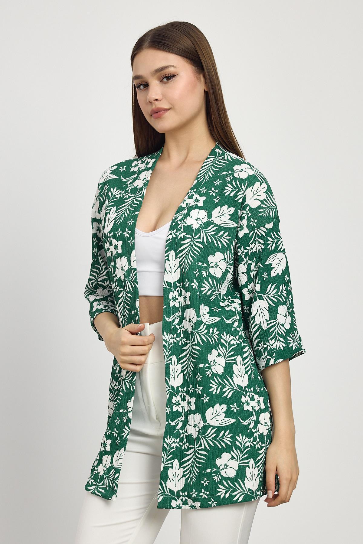Zümrüt Çiçek Desen Fakir Kol Kimono 4463A - 6