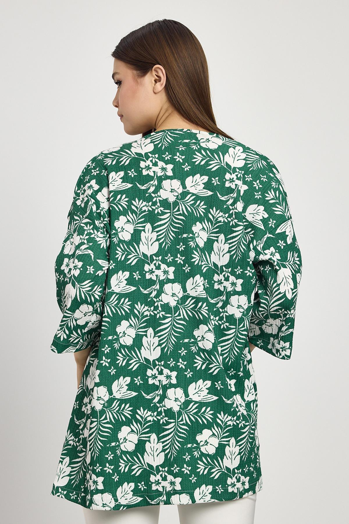4463A Çiçek Desen Fakir Kol Kimono Zümrüt - 5