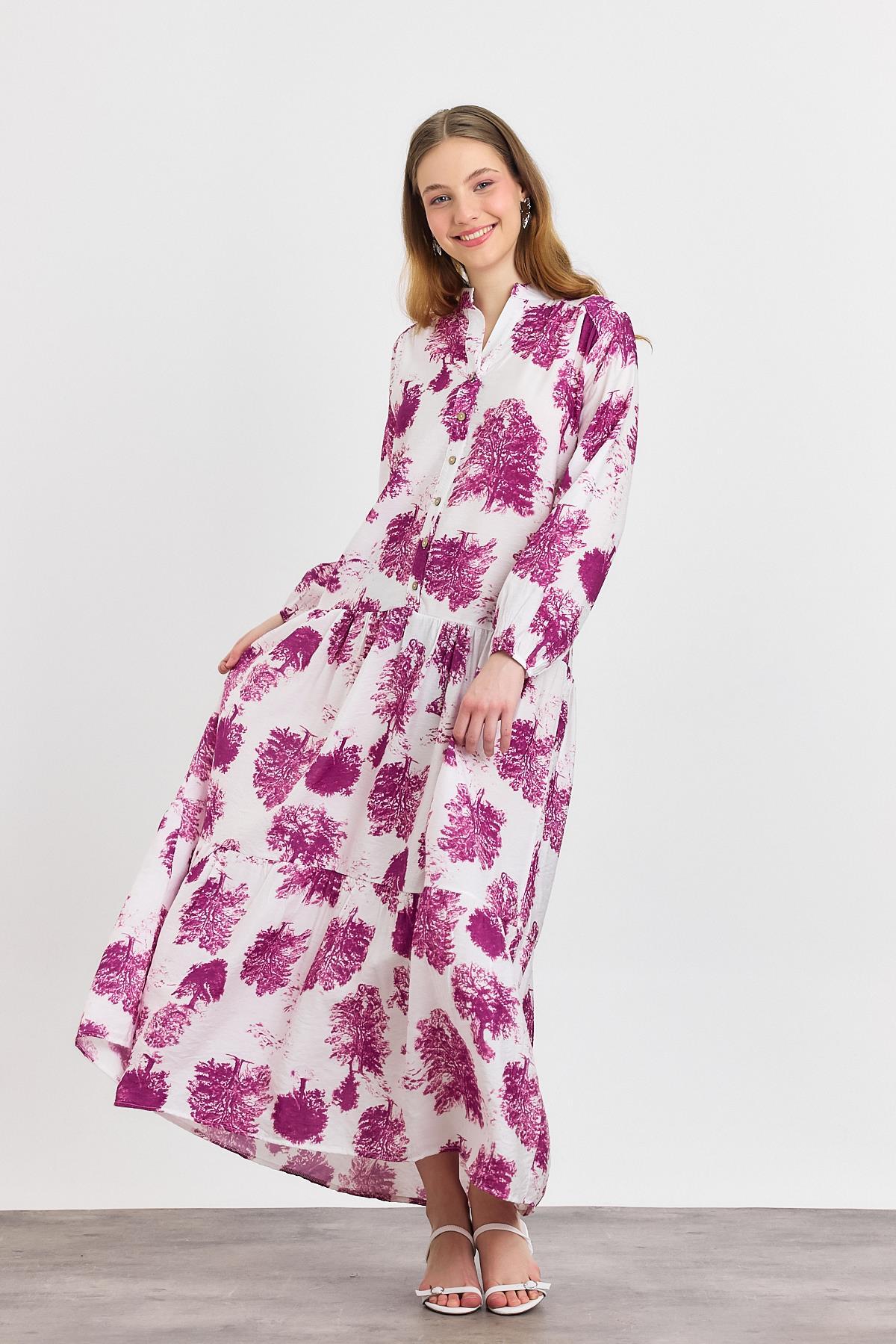 4465A Ağaç Desen Düğmeli Elbise Fuşya - RAYS