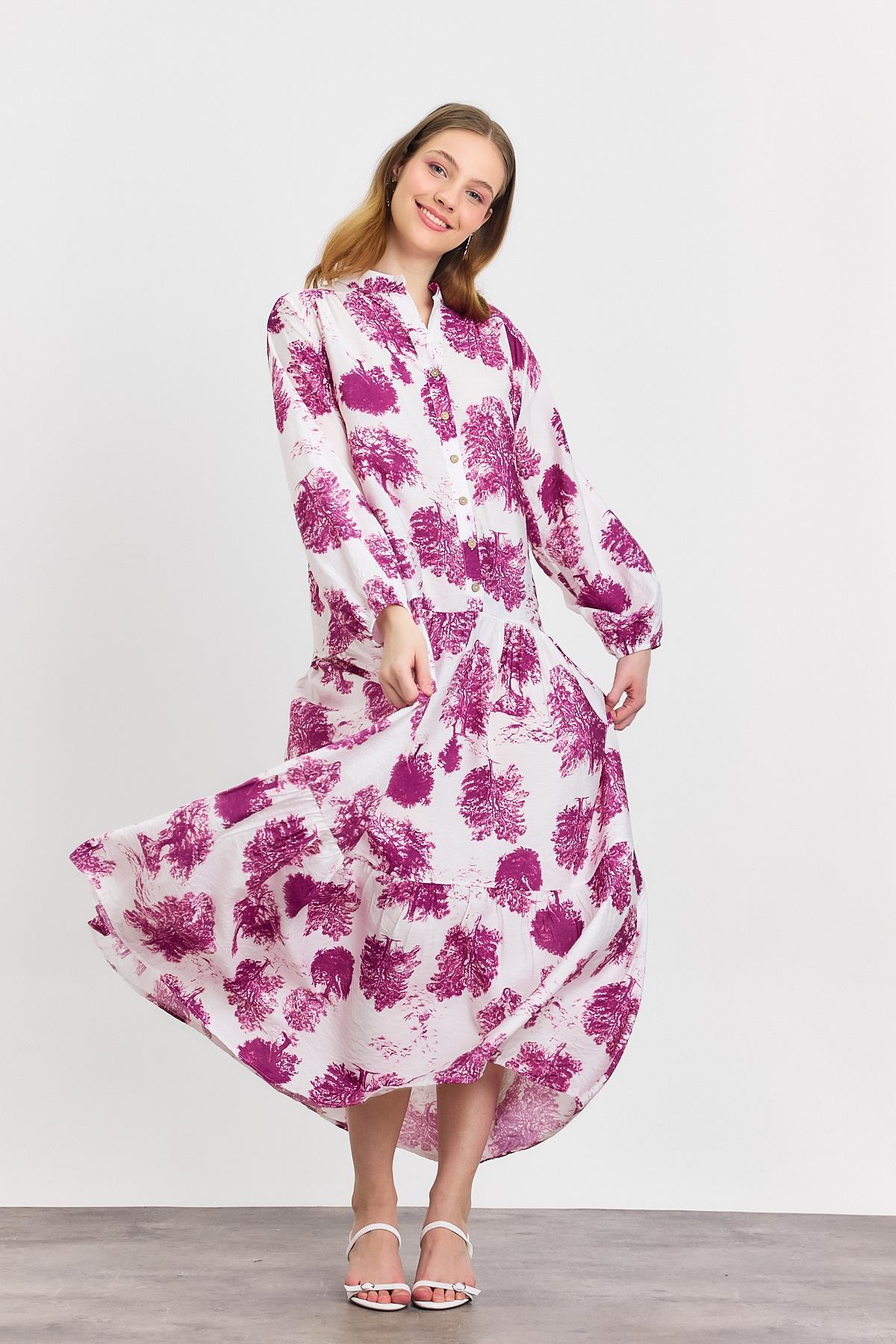 4465A Ağaç Desen Düğmeli Elbise Fuşya - RAYS