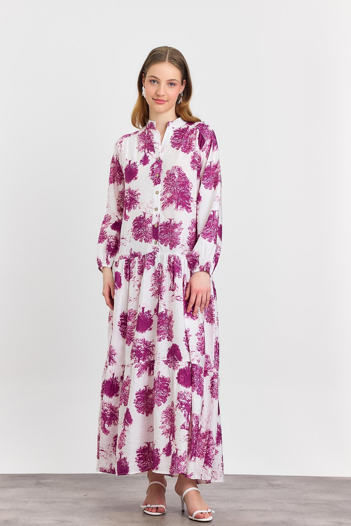 4465A Ağaç Desen Düğmeli Elbise Fuşya - 6