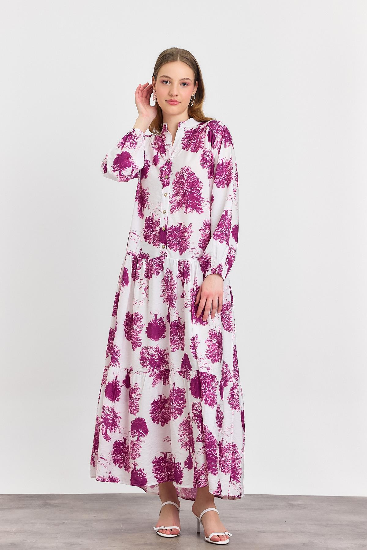 4465A Ağaç Desen Düğmeli Elbise Fuşya - 8