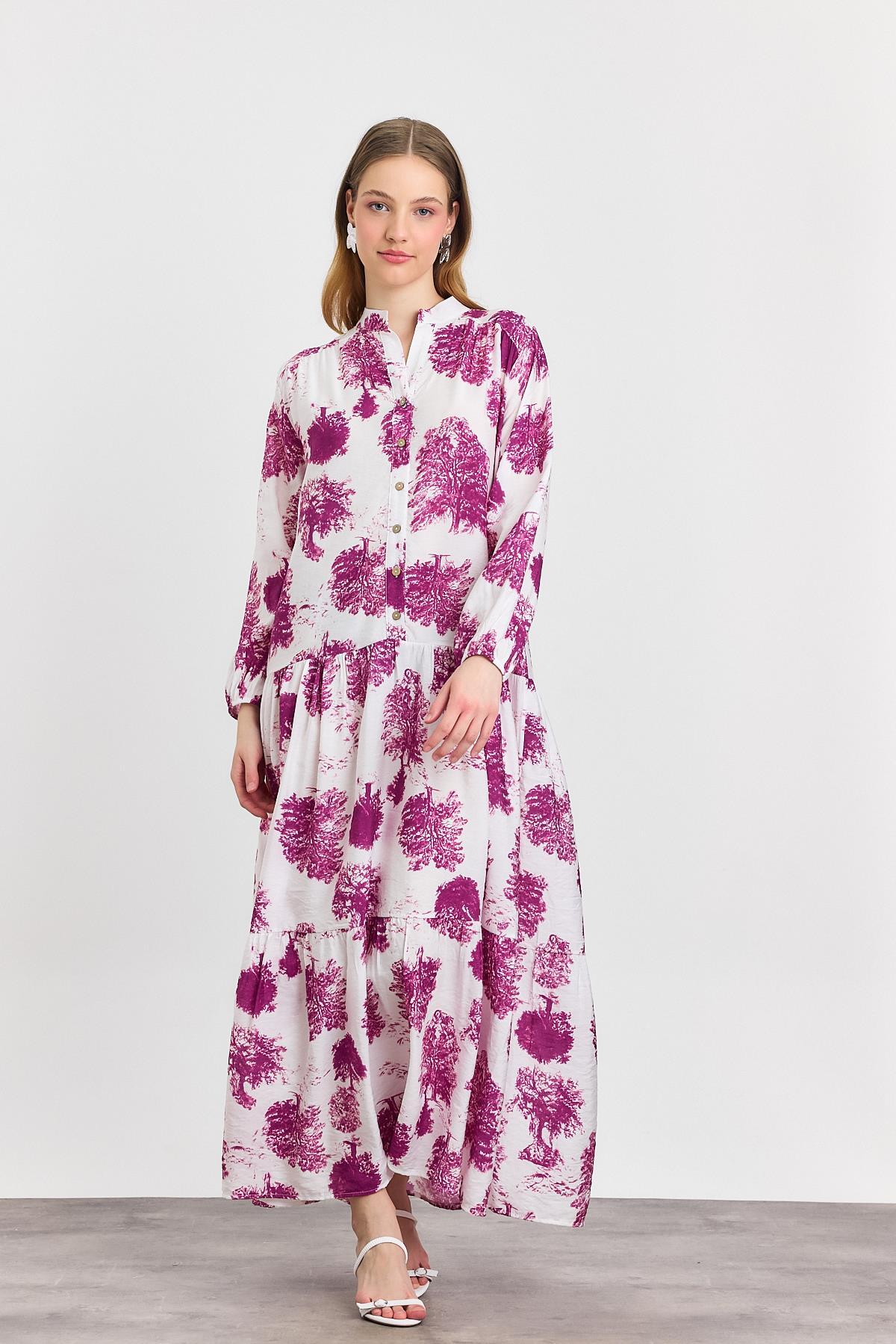 4465A Ağaç Desen Düğmeli Elbise Fuşya - 3