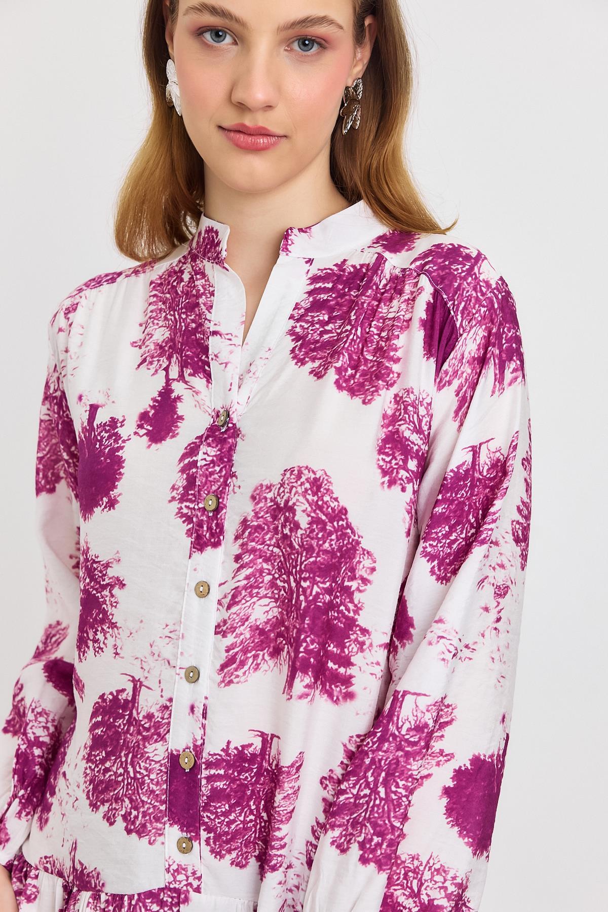 Fuşya Ağaç Desen Düğmeli Elbise 4465A - 4