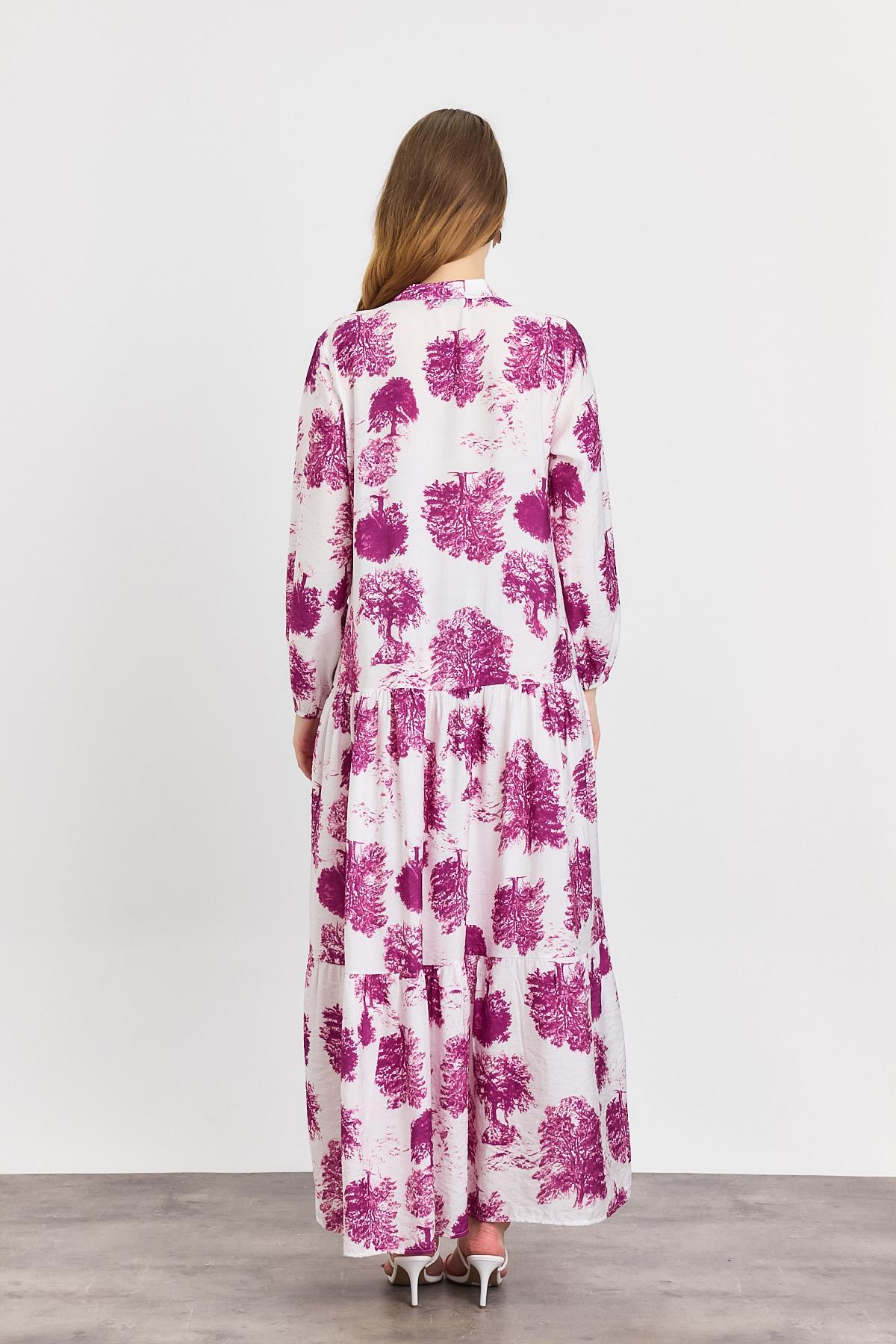 Fuşya Ağaç Desen Düğmeli Elbise 4465A - 5
