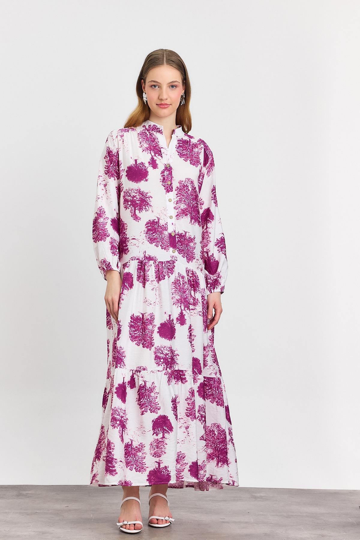 Fuşya Ağaç Desen Düğmeli Elbise 4465A - 7