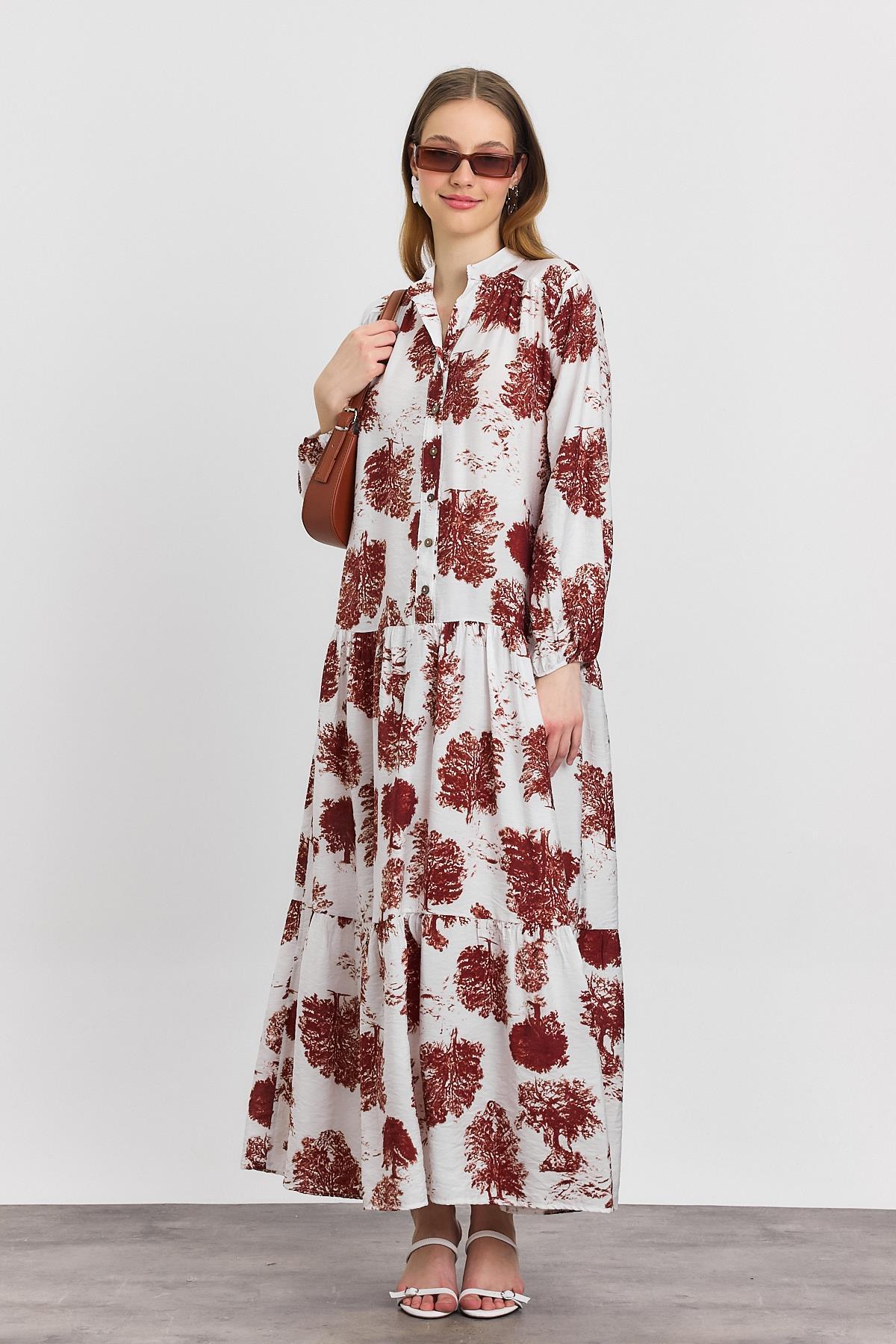 4465A Ağaç Desen Düğmeli Elbise Kahve - RAYS