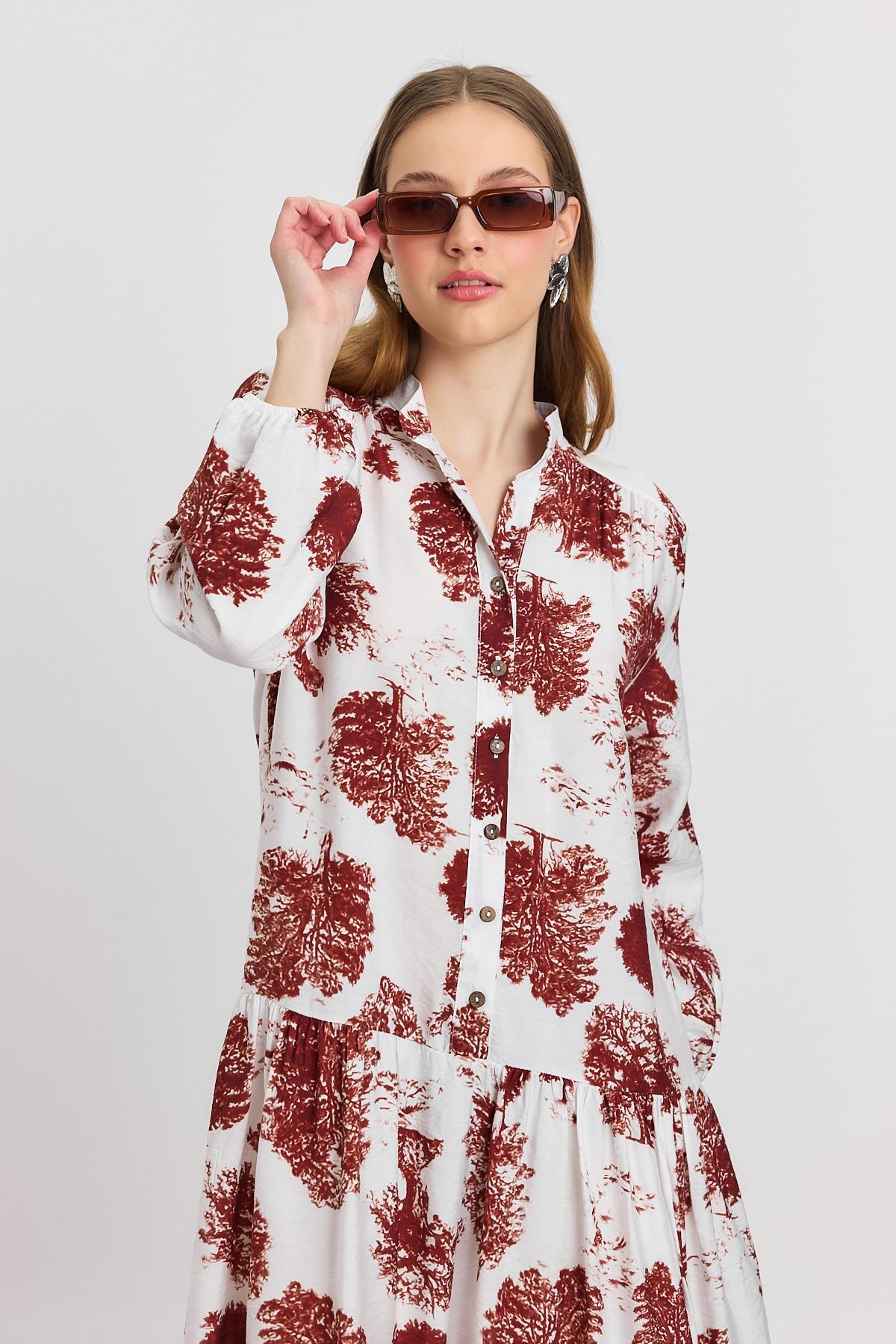 4465A Ağaç Desen Düğmeli Elbise Kahve - RAYS