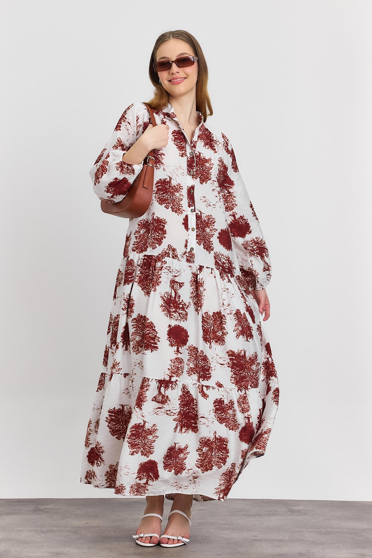 4465A Ağaç Desen Düğmeli Elbise Kahve - 7