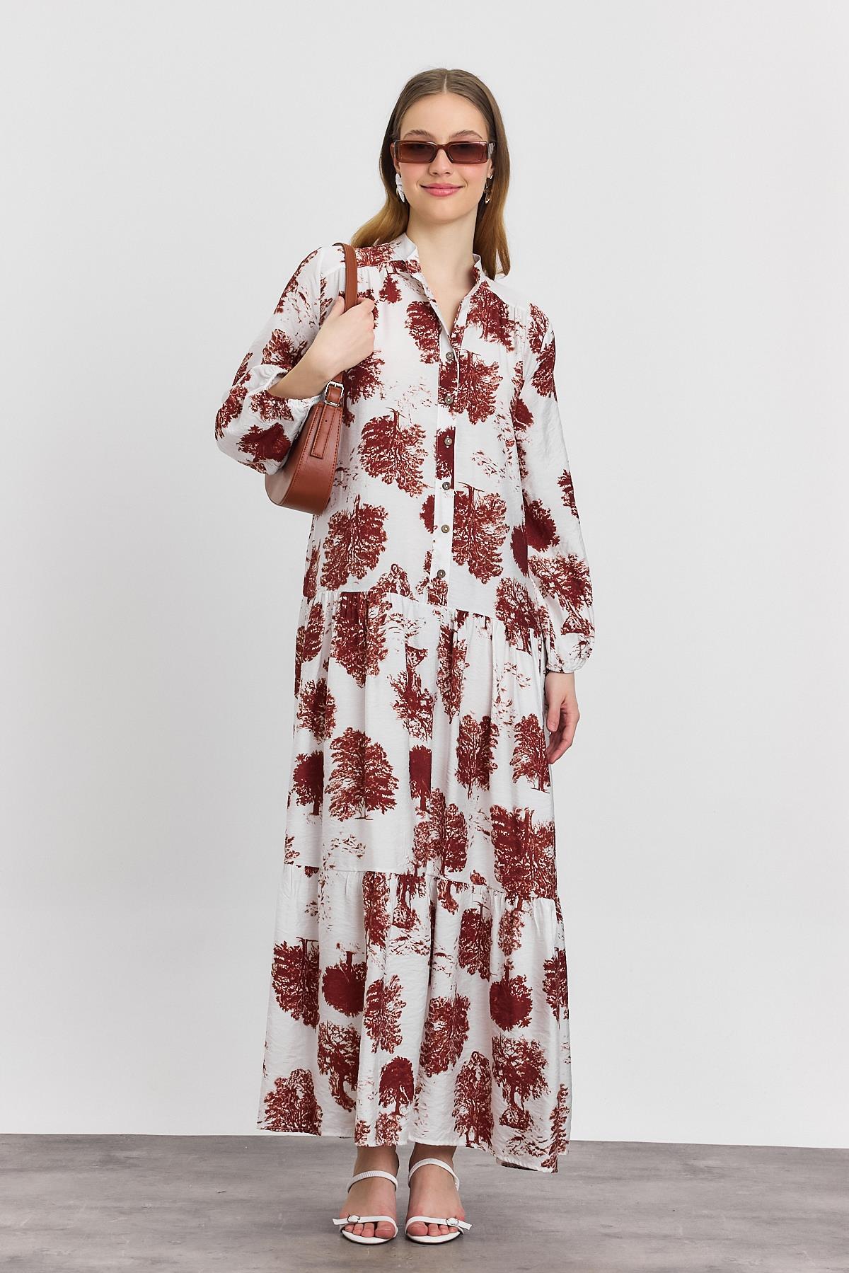 4465A Ağaç Desen Düğmeli Elbise Kahve - 2