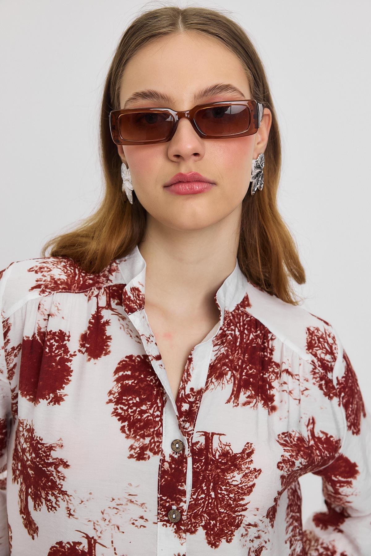 4465A Ağaç Desen Düğmeli Elbise Kahve - 4