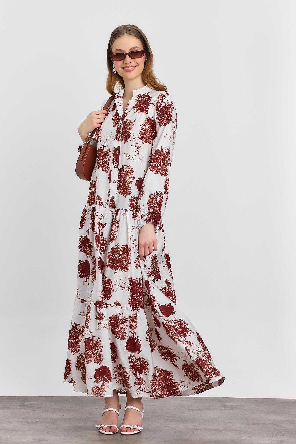 4465A Ağaç Desen Düğmeli Elbise Kahve - 6