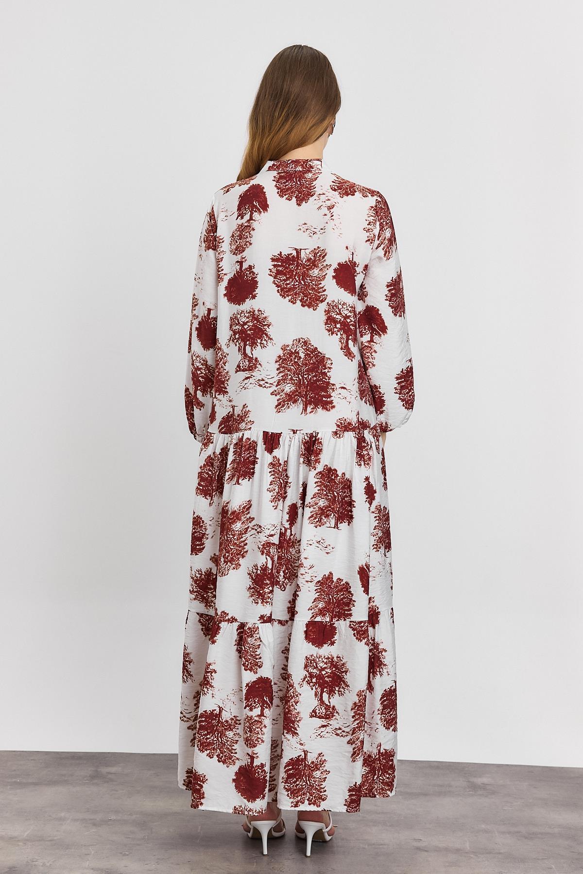 Kahve Ağaç Desen Düğmeli Elbise 4465A - 5