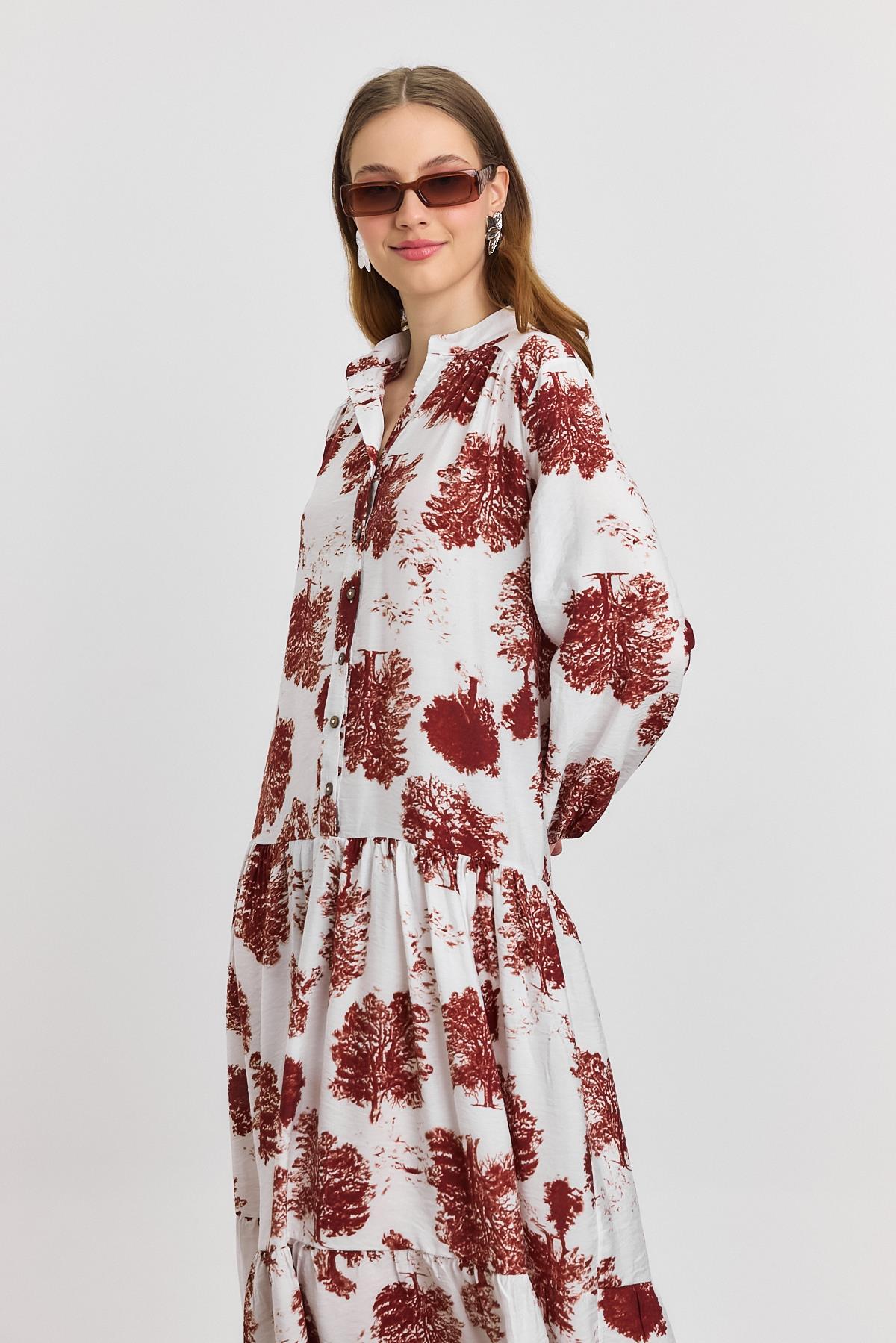 Kahve Ağaç Desen Düğmeli Elbise 4465A - 8