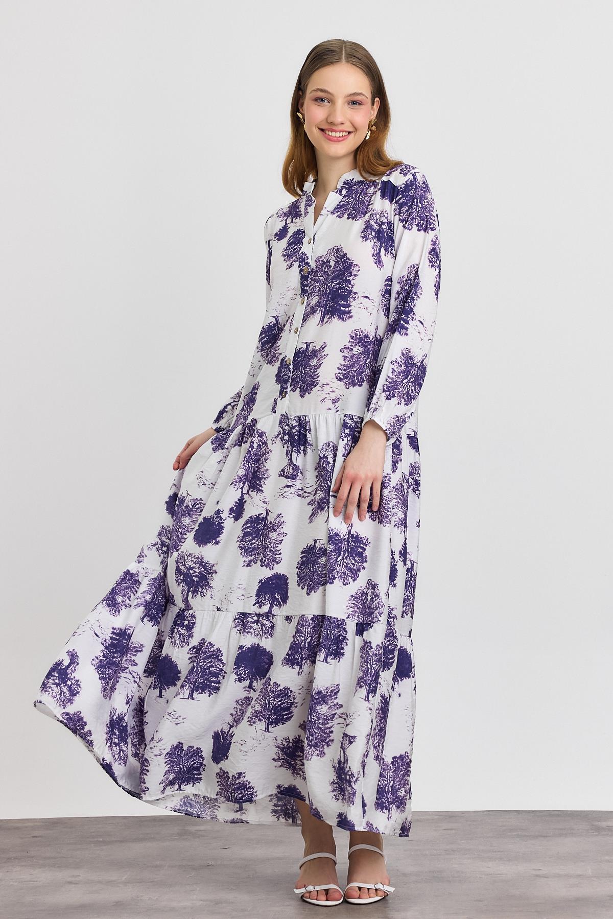 4465A Ağaç Desen Düğmeli Elbise Lila - RAYS