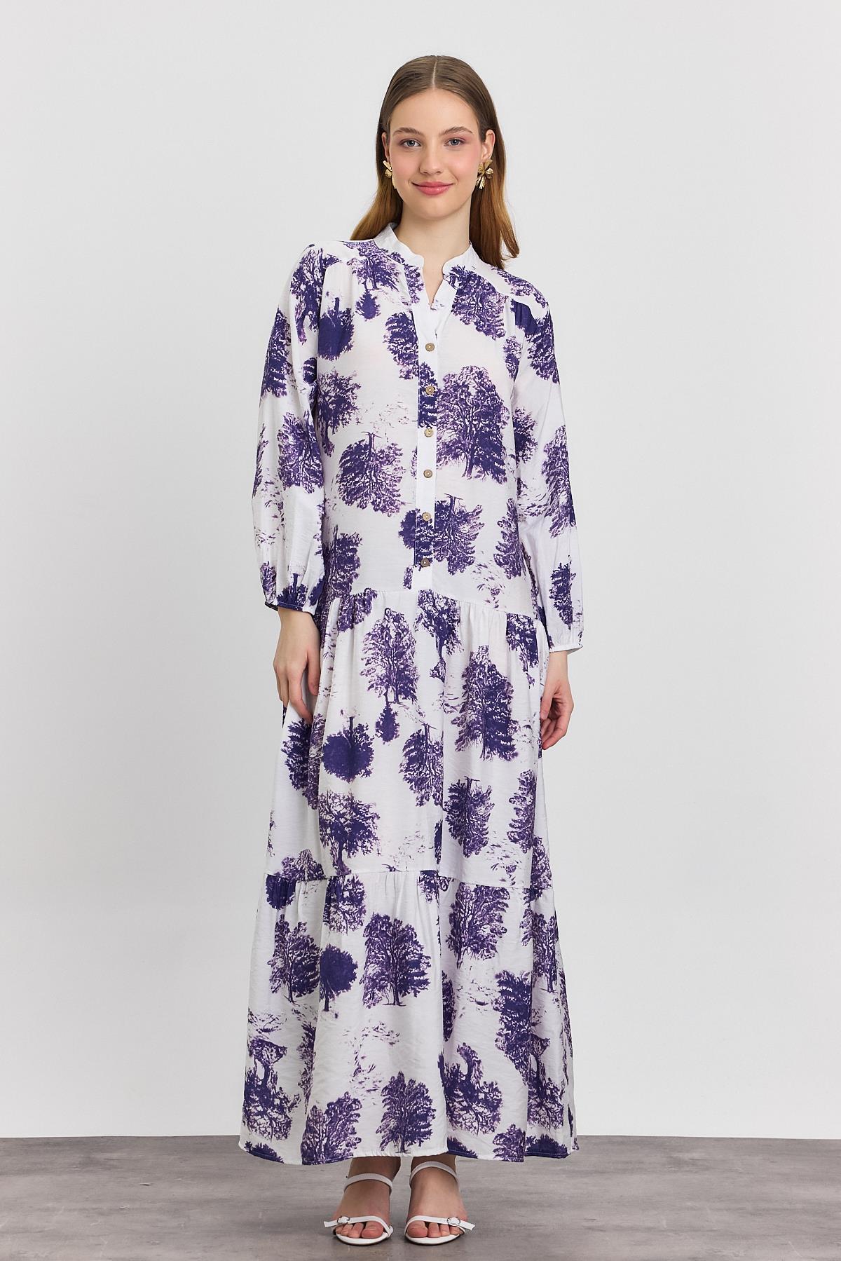 4465A Ağaç Desen Düğmeli Elbise Lila - RAYS