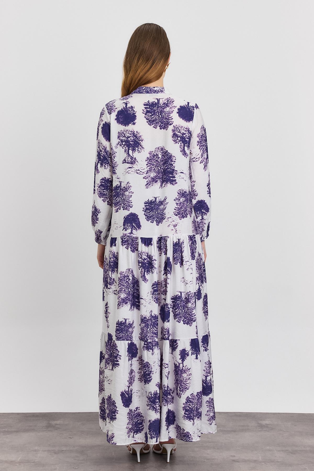 4465A Ağaç Desen Düğmeli Elbise Lila - 5