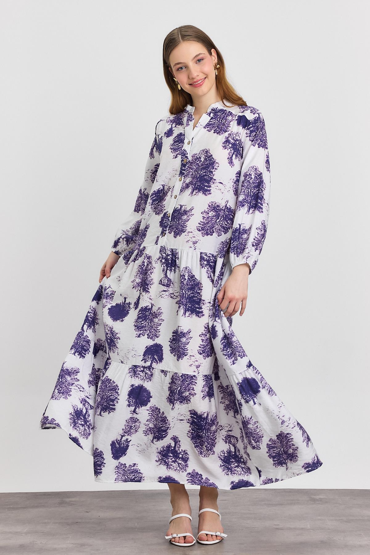 4465A Ağaç Desen Düğmeli Elbise Lila - 8