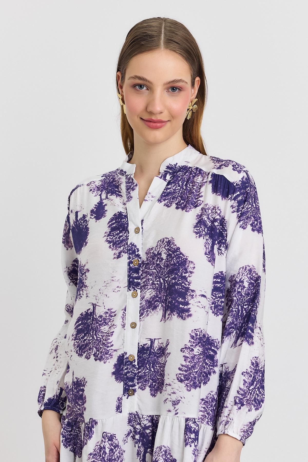 Lila Ağaç Desen Düğmeli Elbise 4465A - 3