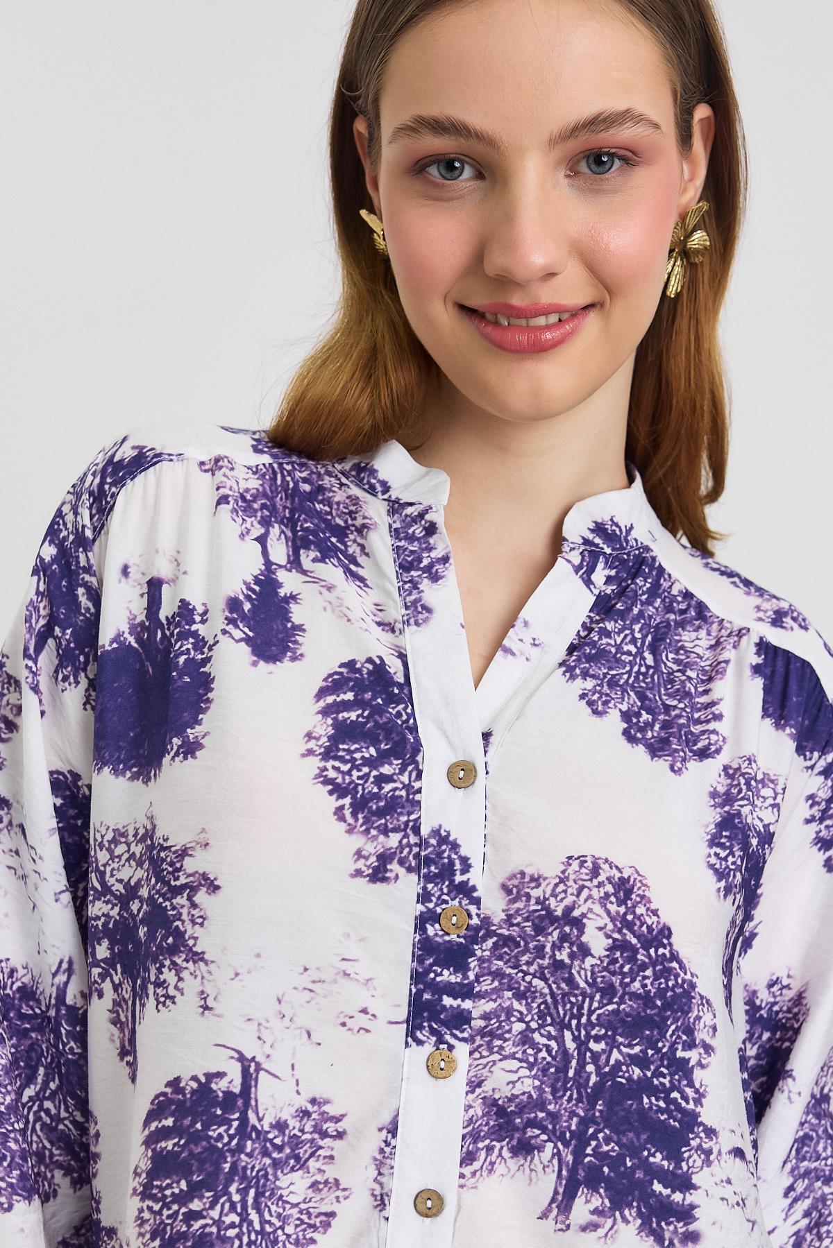 Lila Ağaç Desen Düğmeli Elbise 4465A - 4