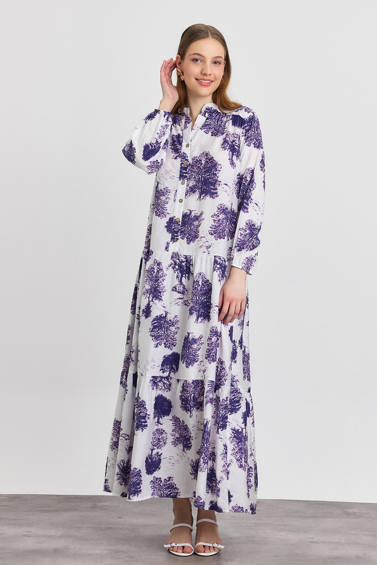 Lila Ağaç Desen Düğmeli Elbise 4465A - 6