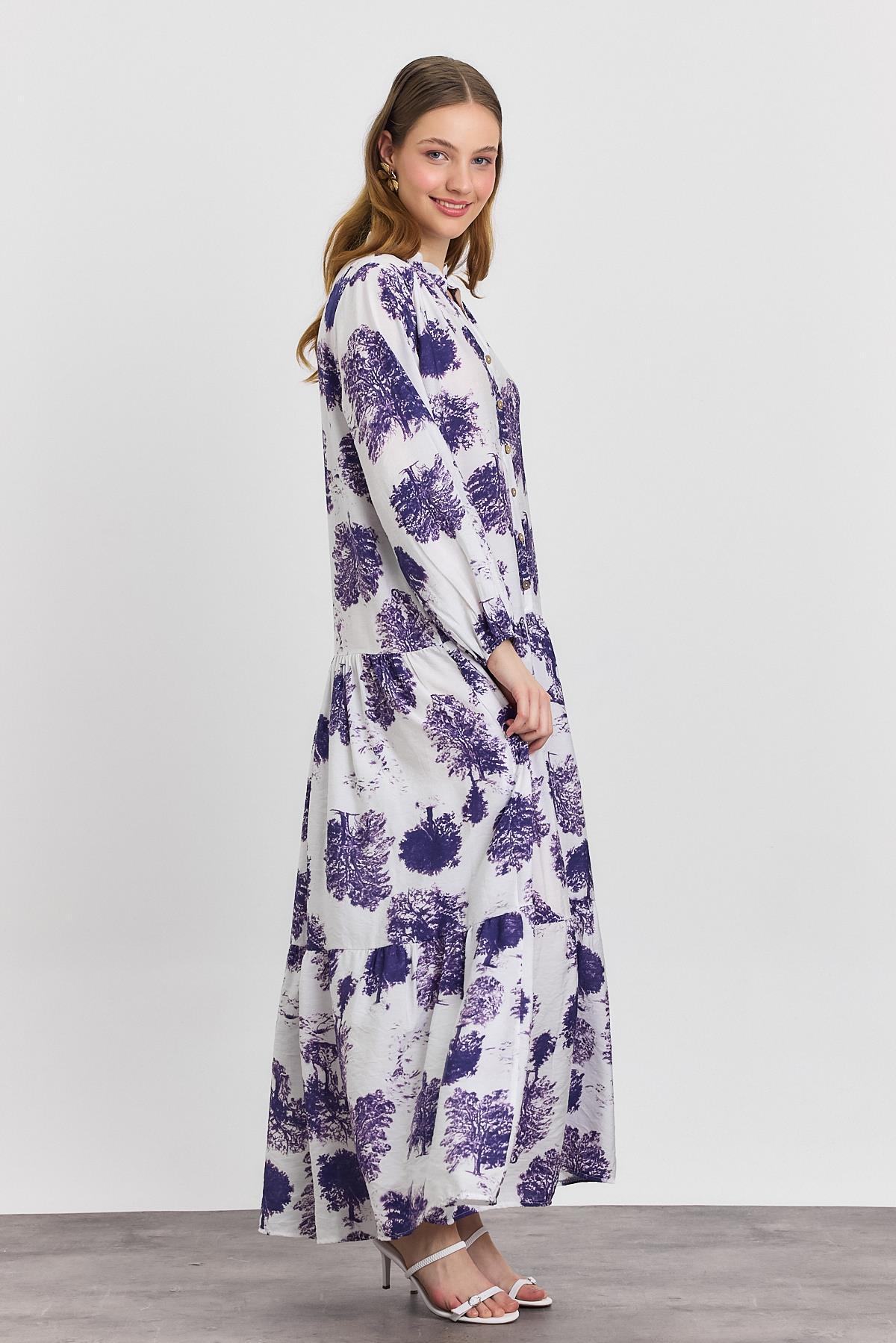 Lila Ağaç Desen Düğmeli Elbise 4465A - 7