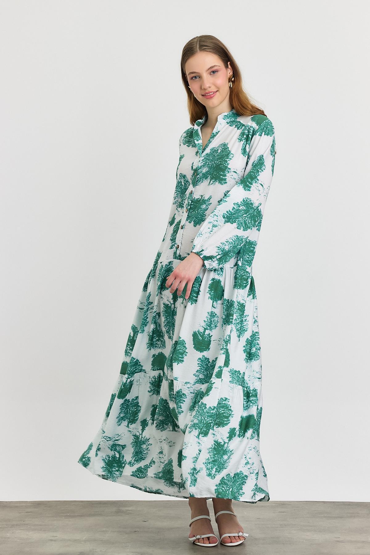 4465A Ağaç Desen Düğmeli Elbise Turkuaz - 3