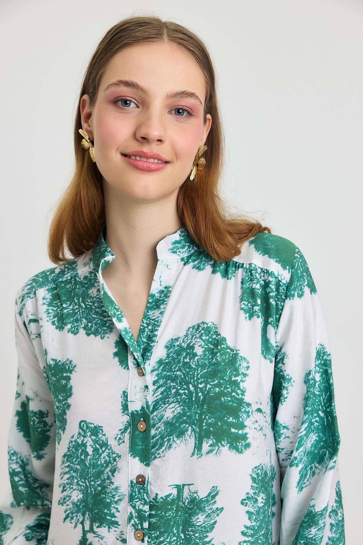 4465A Ağaç Desen Düğmeli Elbise Turkuaz - RAYS