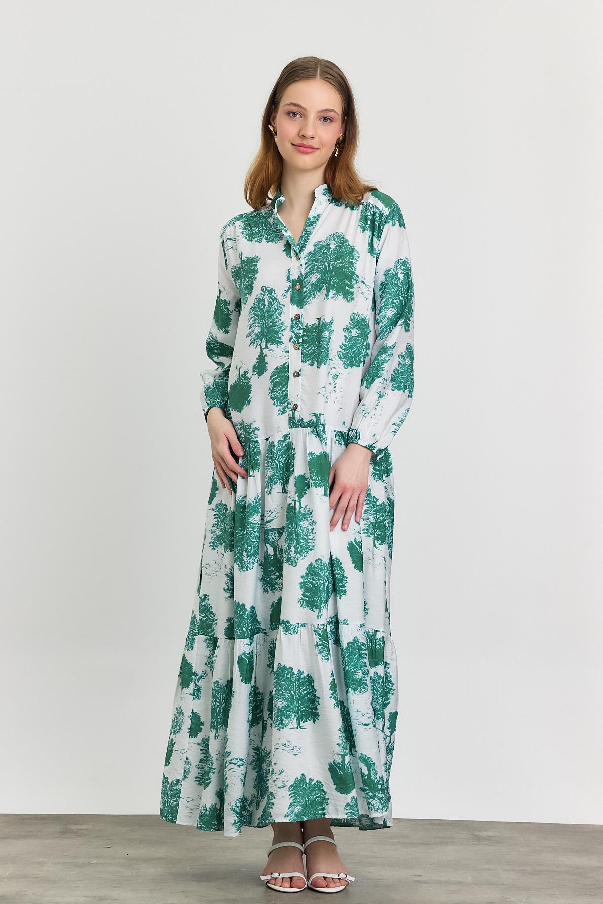 4465A Ağaç Desen Düğmeli Elbise Turkuaz - 2