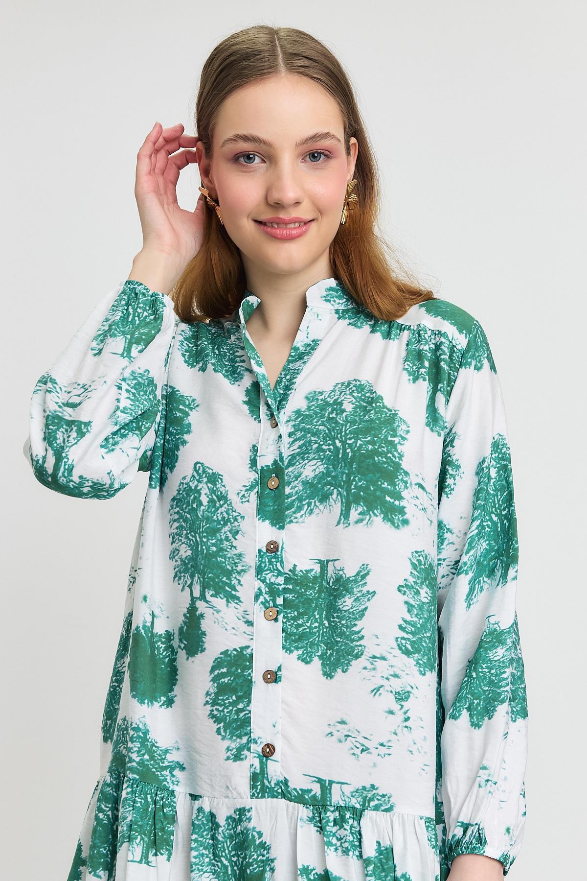 4465A Ağaç Desen Düğmeli Elbise Turkuaz - 6