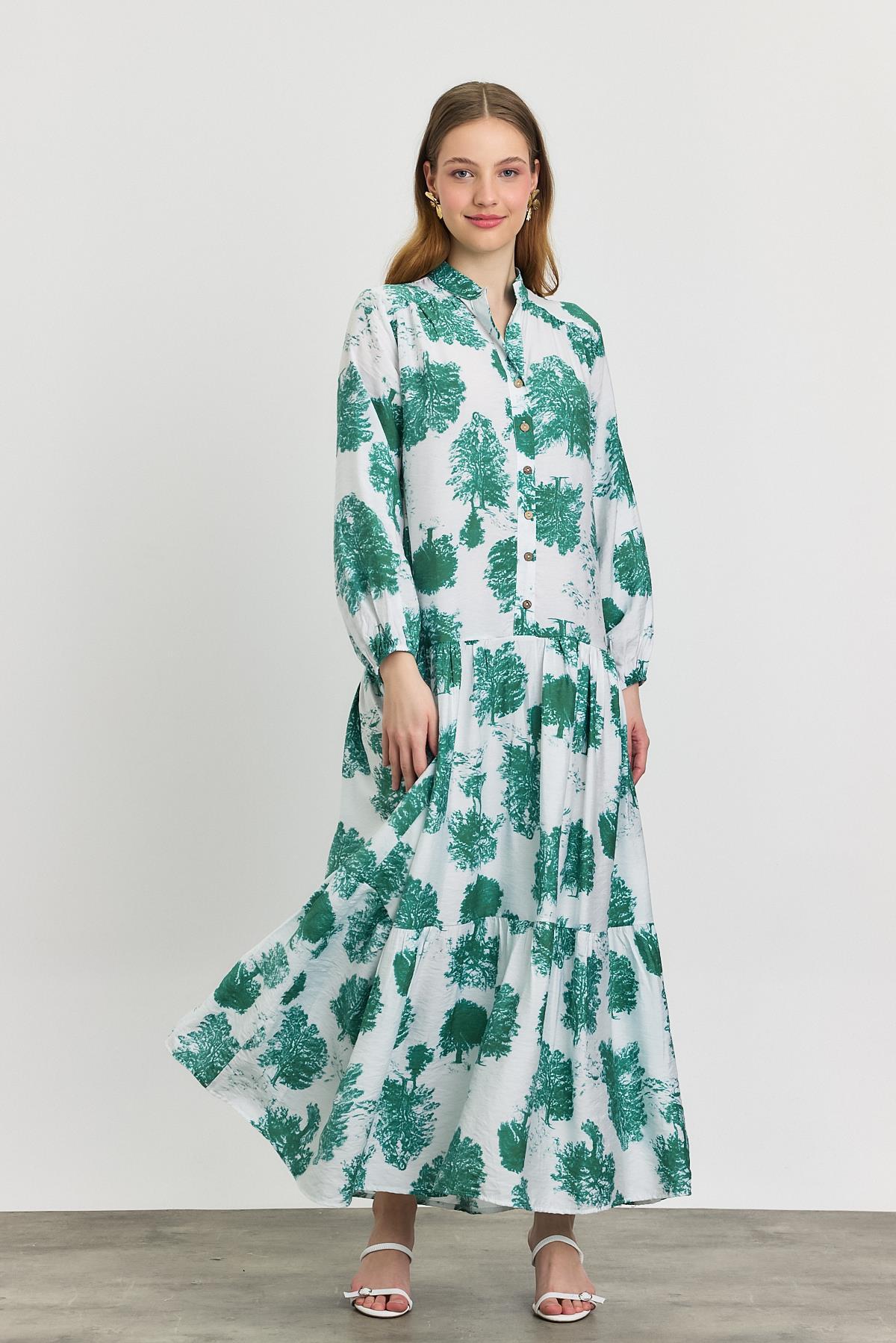 Turkuaz Ağaç Desen Düğmeli Elbise 4465A - 1
