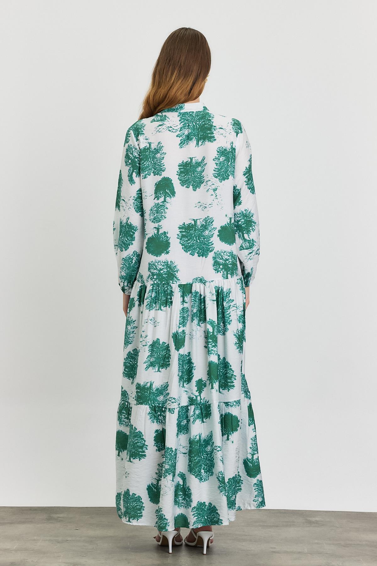 Turkuaz Ağaç Desen Düğmeli Elbise 4465A - 5