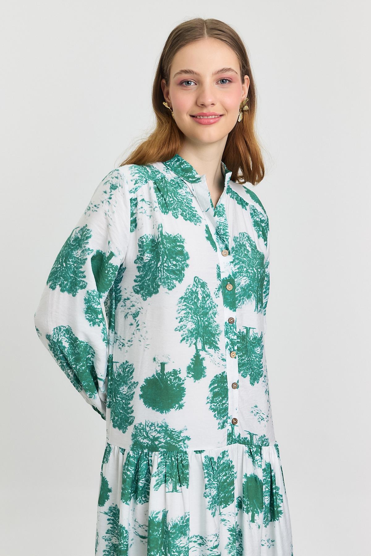 Turkuaz Ağaç Desen Düğmeli Elbise 4465A - 7