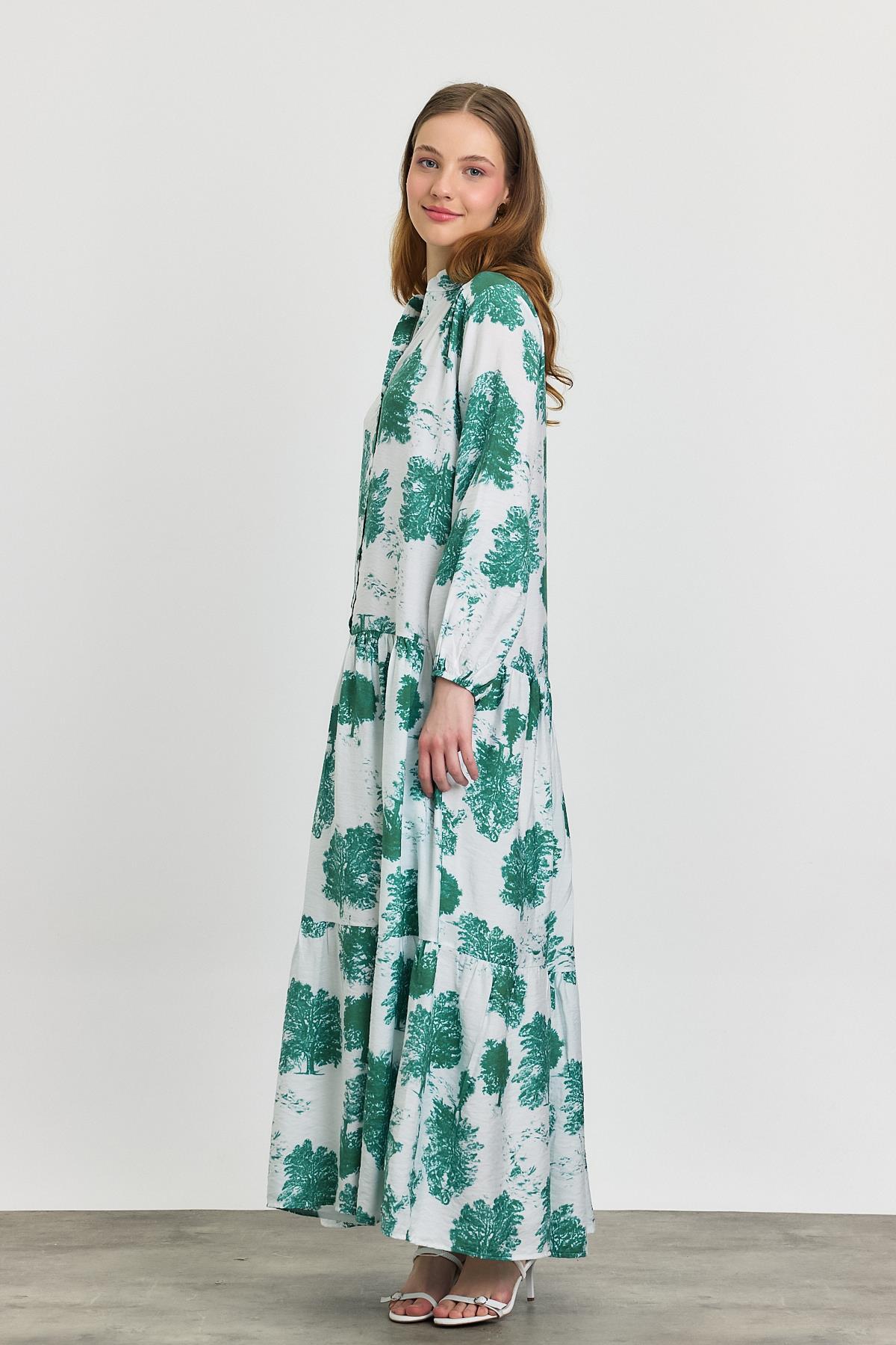 Turkuaz Ağaç Desen Düğmeli Elbise 4465A - 8