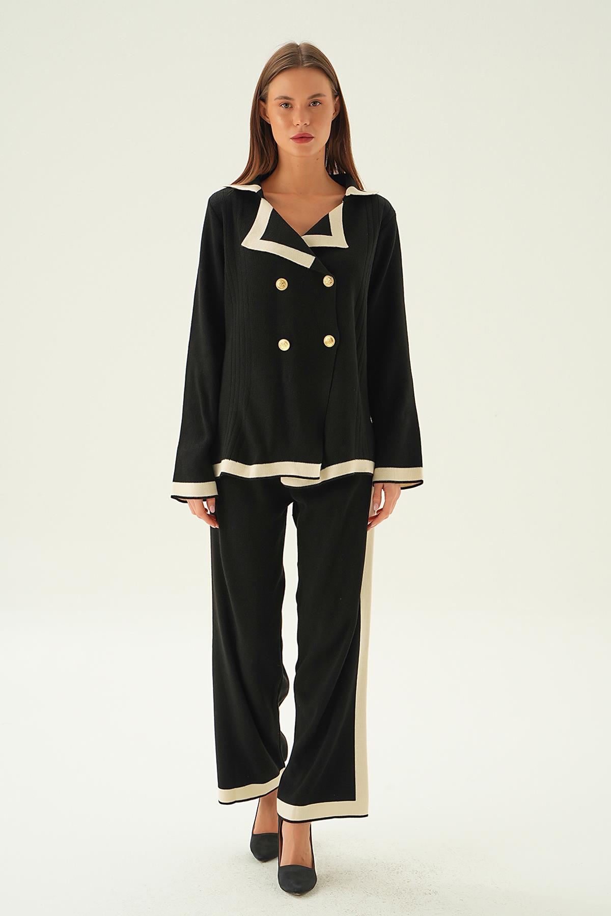 4470 Çizgi Detay Pantolon Takım Siyah - 1