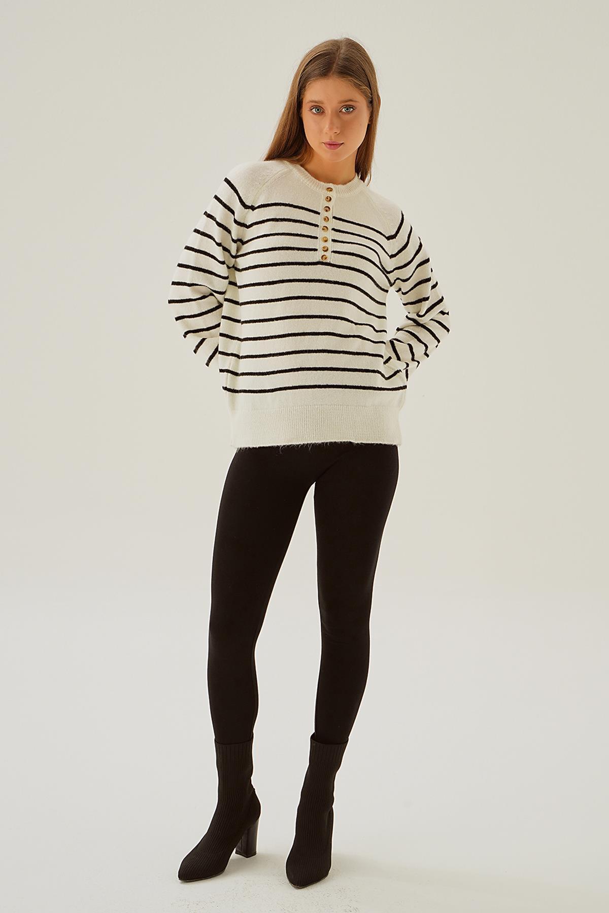 Ekru Balon Kol Çizgili Kazak 4480 - 2