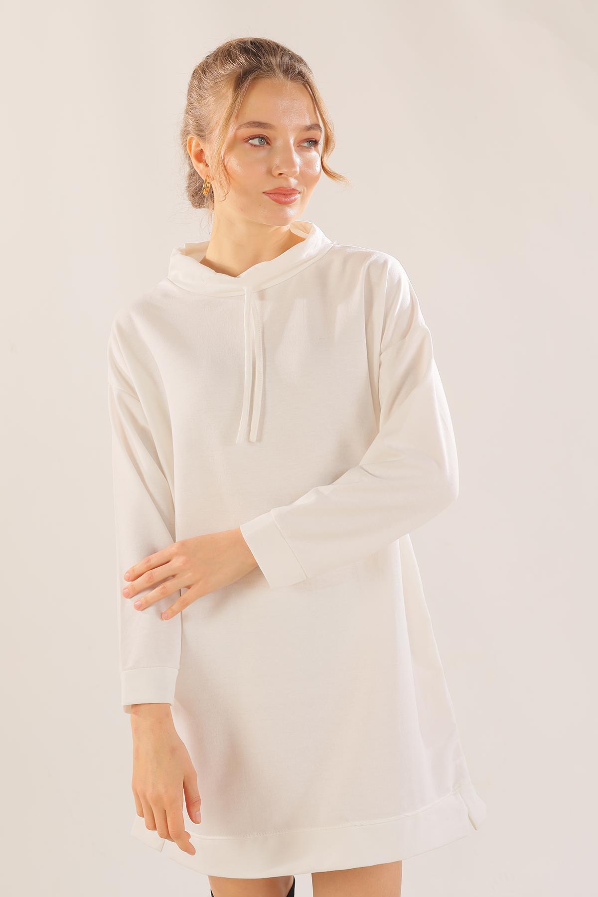 7383 Yaka Bağcık Sweat Tunik Ekru - 1