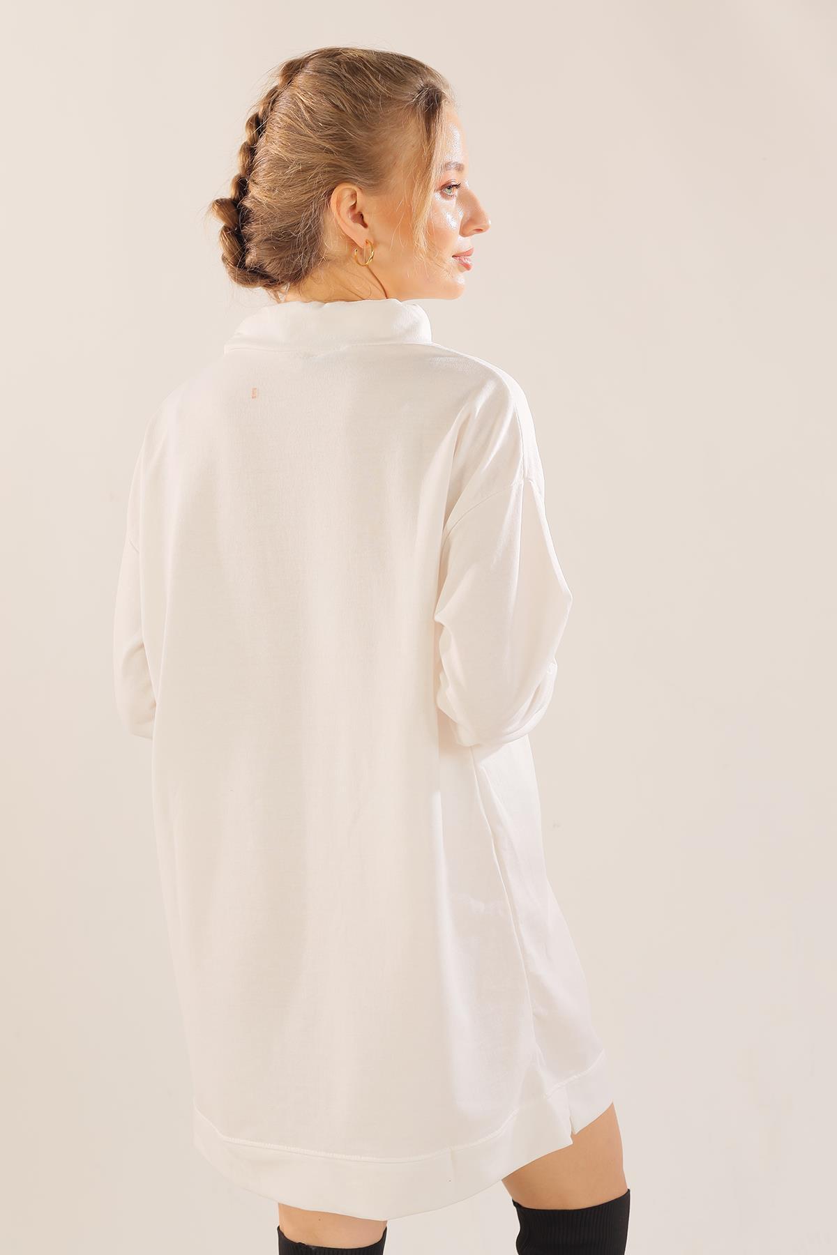 7383 Yaka Bağcık Sweat Tunik Ekru - 4
