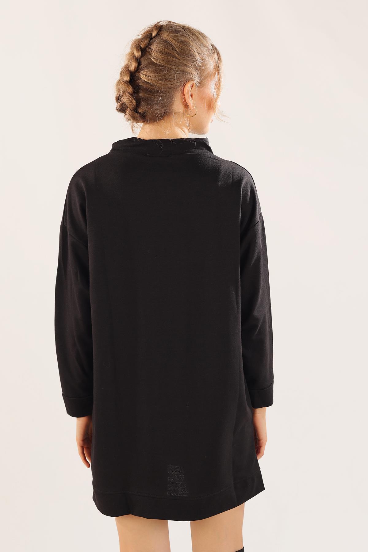 7383 Yaka Bağcık Sweat Tunik Siyah - 4