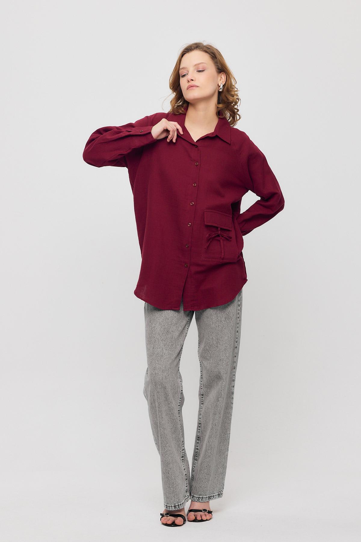 Bordo Tek Cep Düğmeli Gömlek 4516A - 2