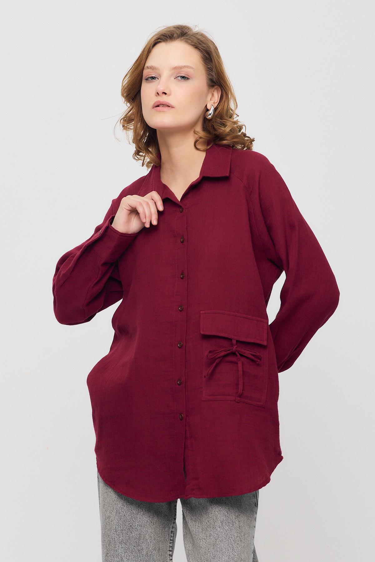 Bordo Tek Cep Düğmeli Gömlek 4516A - 6