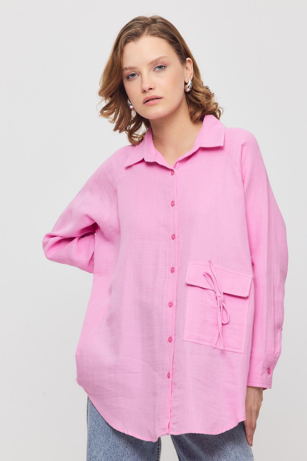 Pembe Tek Cep Düğmeli Gömlek 4516A - 3