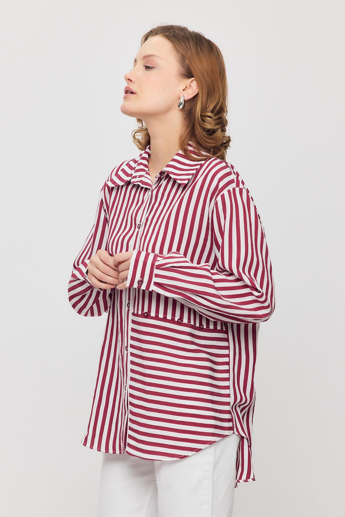 4522A Çizgili Düğmeli Gömlek Bordo - 3