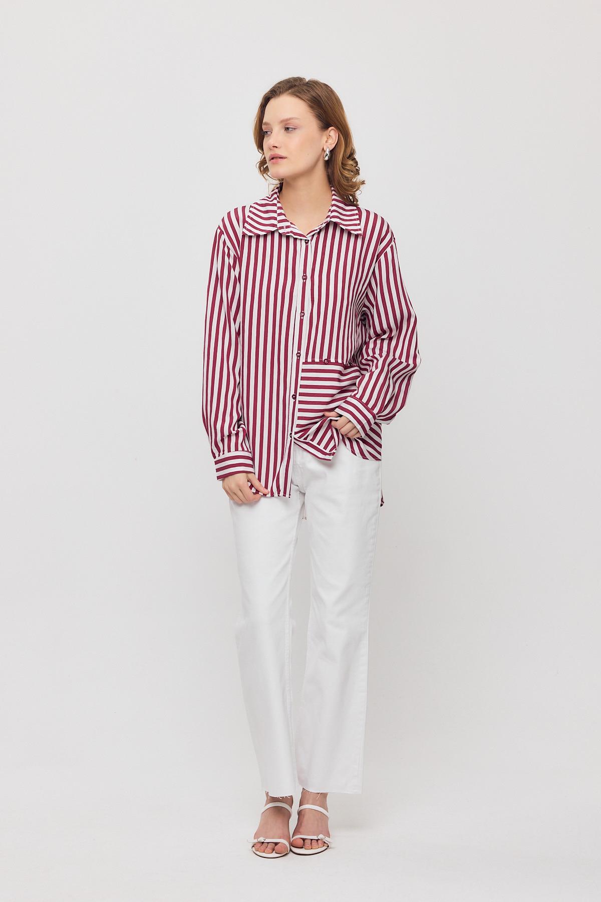 4522A Çizgili Düğmeli Gömlek Bordo - 2