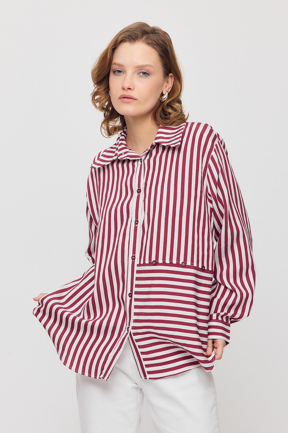 Bordo Çizgili Düğmeli Gömlek 4522A - 1