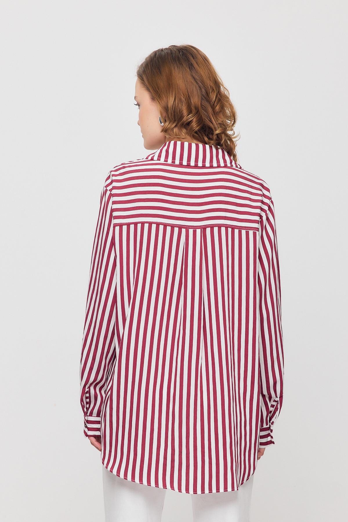Bordo Çizgili Düğmeli Gömlek 4522A - 5